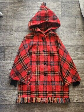 1960s Vintage Sharpee's Hooded Plaid Tartan Fringe Wool Coat